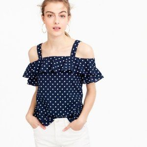 J. Crew Polka Dot Off the Shoulder Top Ruffle Navy Blue 8